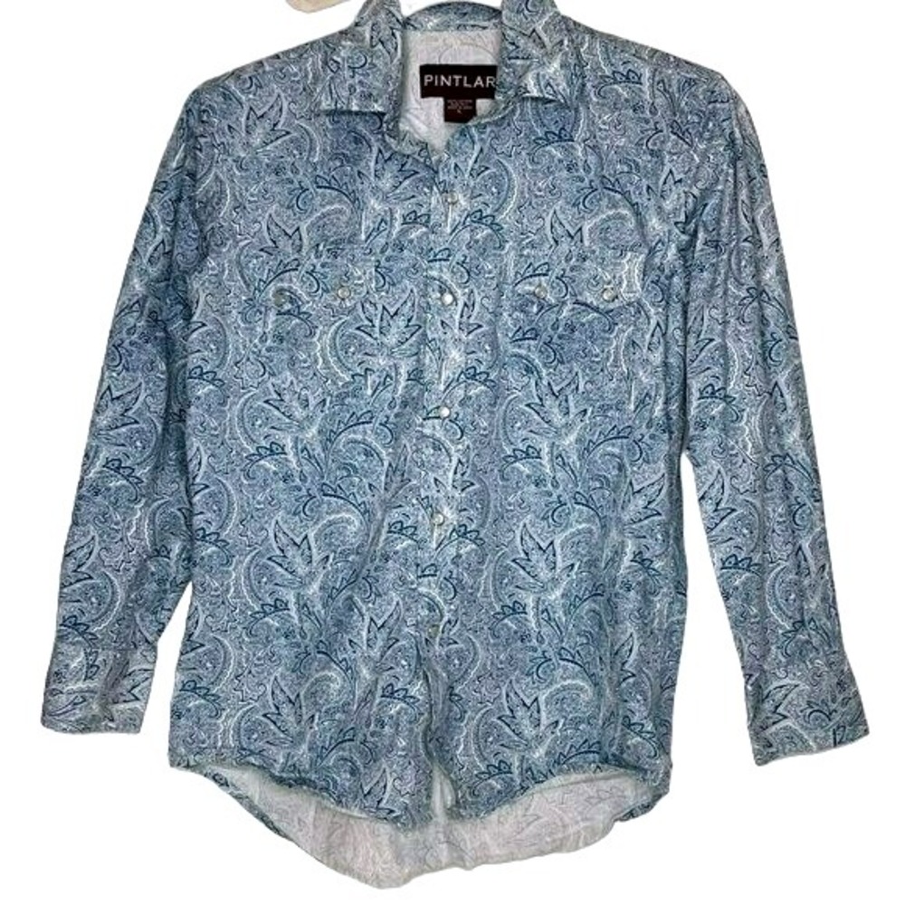 Pintlar Western Shirt L Mens rodeo Paisley Pearl Snaps White‎ Blue Pocket Flaps